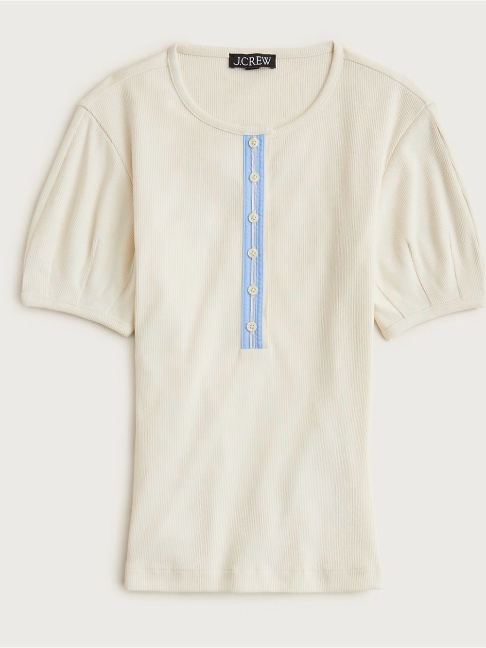 J. Crew Cream Puff Sleave Ribbed Henley Top with Blue Trim